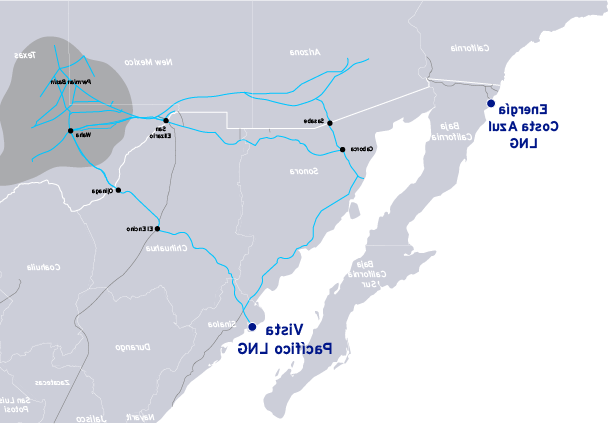下加利福尼亚州和Sempra在太平洋沿岸的液化天然气项目地图